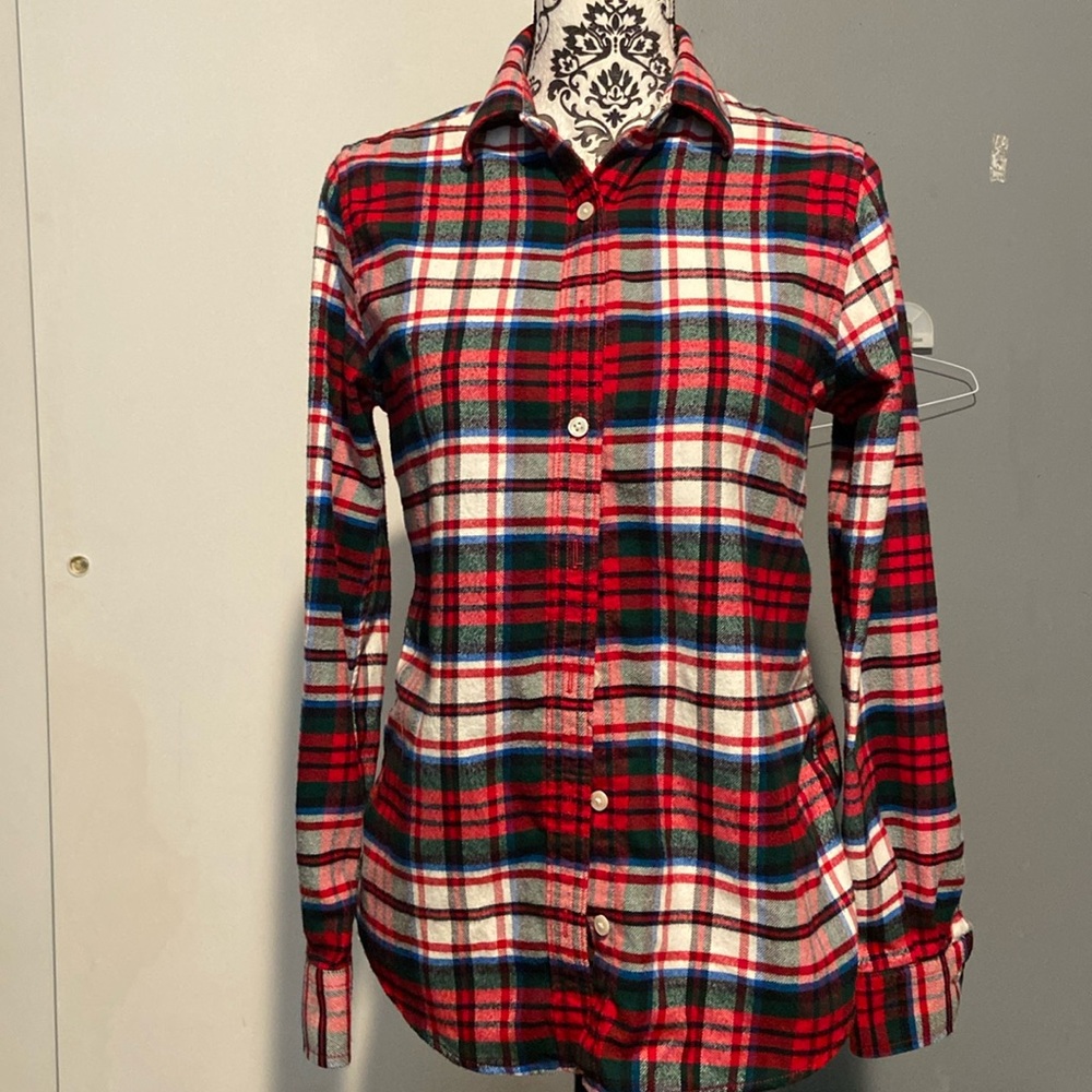 🩷Lands End Long Sleeve Cotton Red Green White Plaid Shirt Size 2